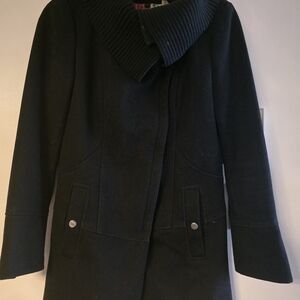 Steve Madden Black Wool Peacoat with Ribbed Removable Shawl Collar